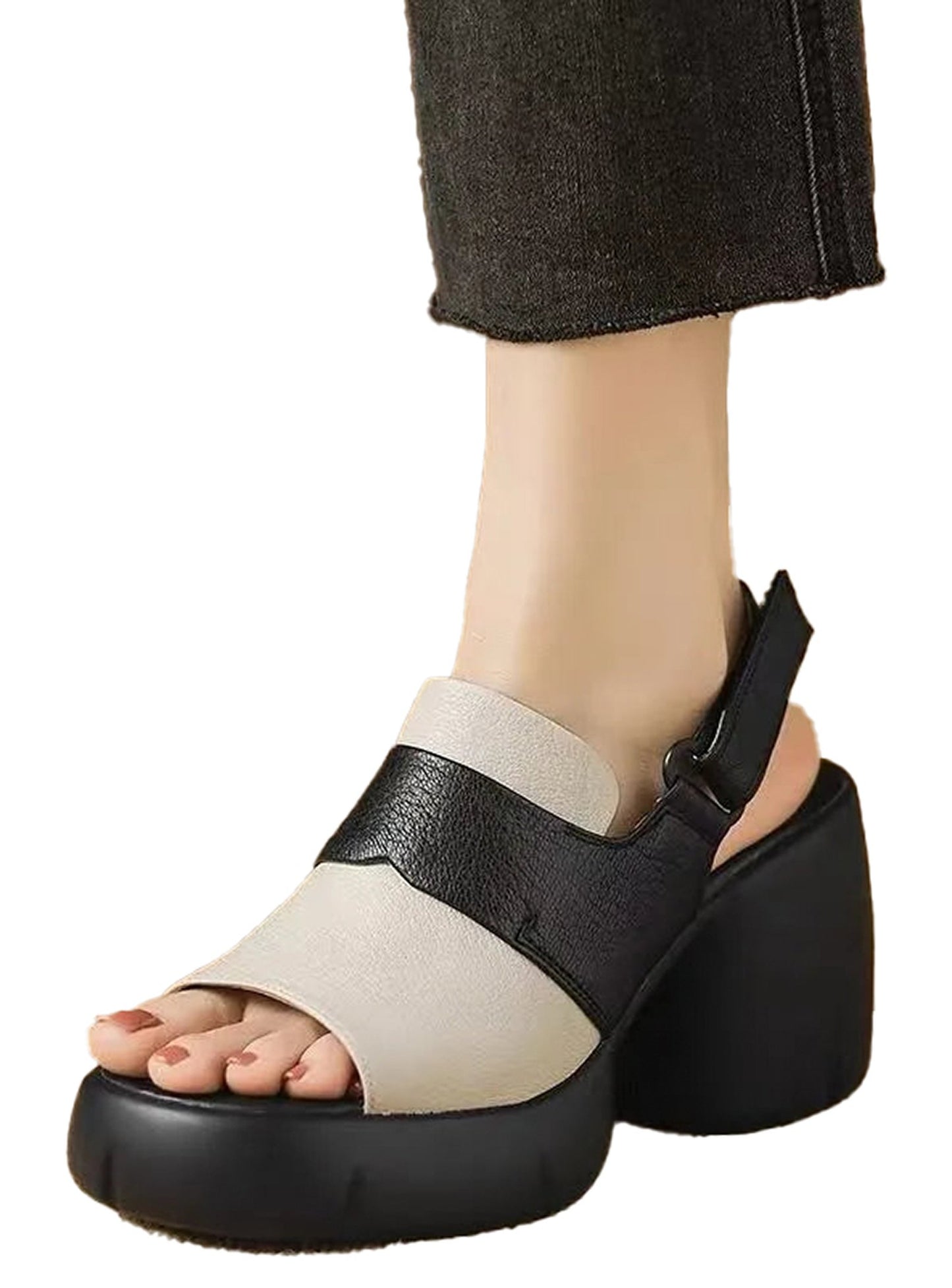 LuckeLadybug women's open toe platform block heel sandals in black and beige for stylish summer outfits