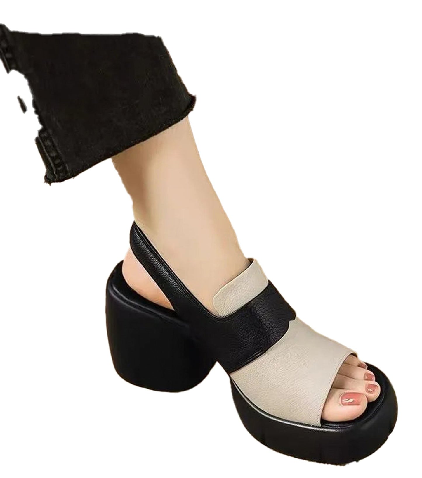 LuckeLadybug women's open toe platform block heel sandals in black and beige with a stylish design