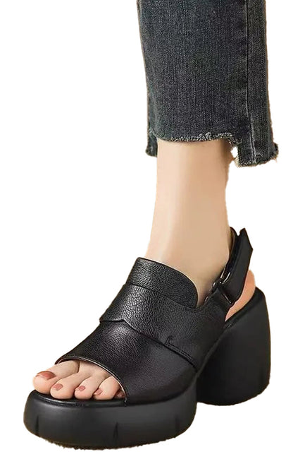 Women's open toe platform block heel sandals in black, featuring a stylish design and comfortable fit