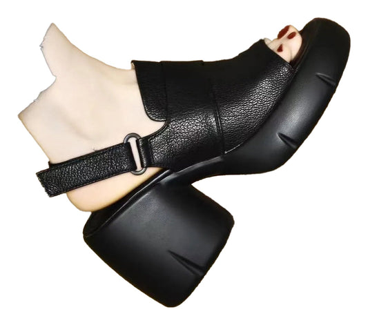 Women’s open toe platform block heel sandals in black featuring a stylish design and comfortable fit