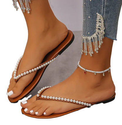 LuckeLadybug women's pearl beach flip flops featuring elegant pearl accents and a comfortable design