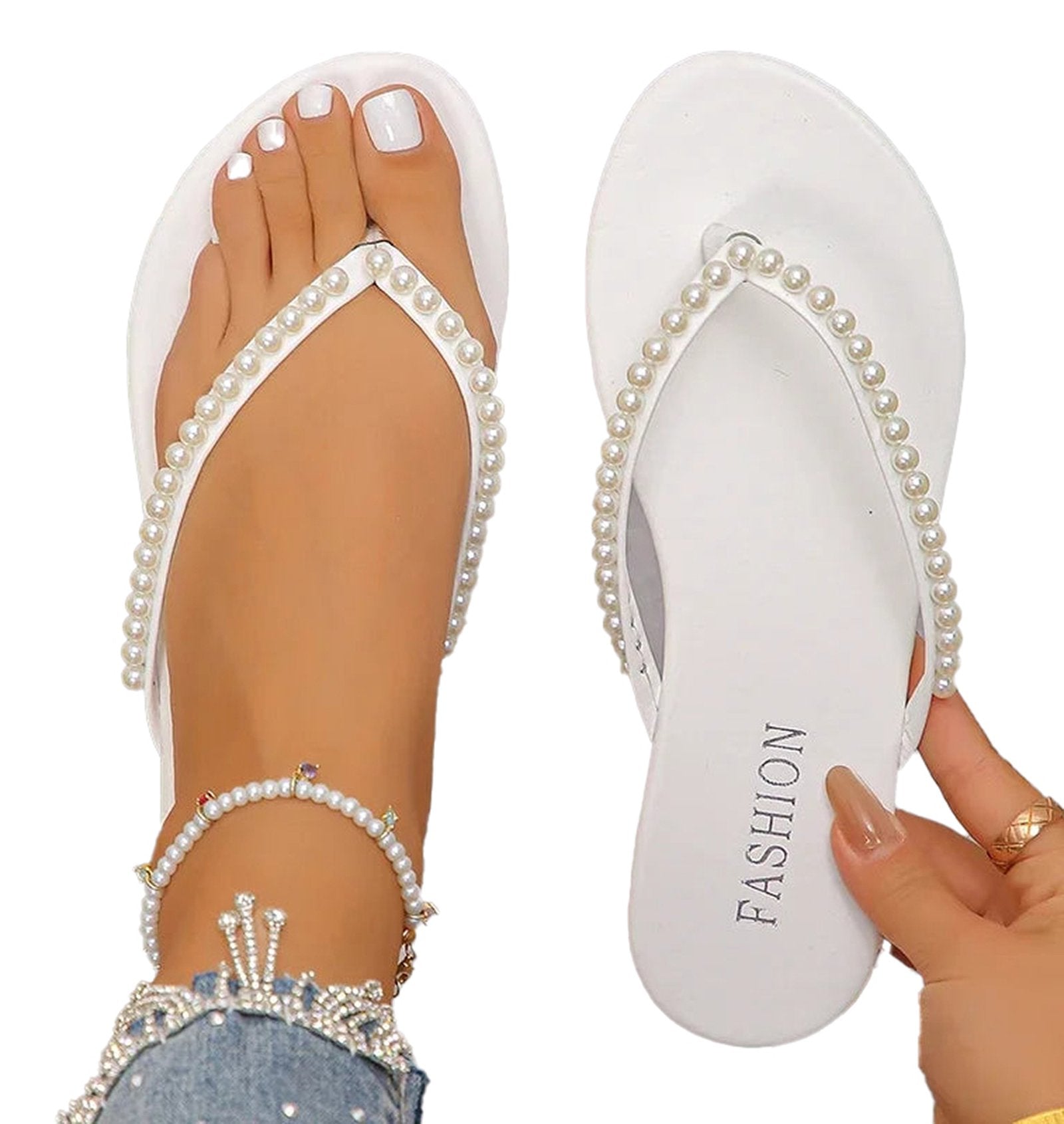 LuckeLadybug women's pearl beach flip flops with stylish pearl detailing for summer outings