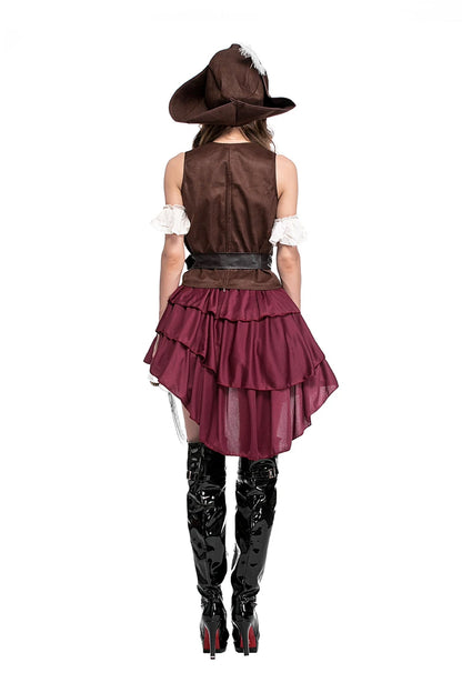 Women's pirate captain costume with a brown vest, frilly skirt, and pirate hat from LuckeLadybug LLC