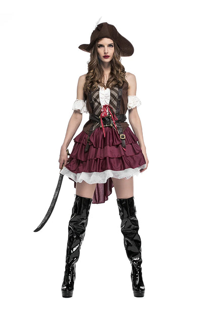 Stylish women's pirate captain costume with ruffled skirt and pirate hat, perfect for Halloween parties