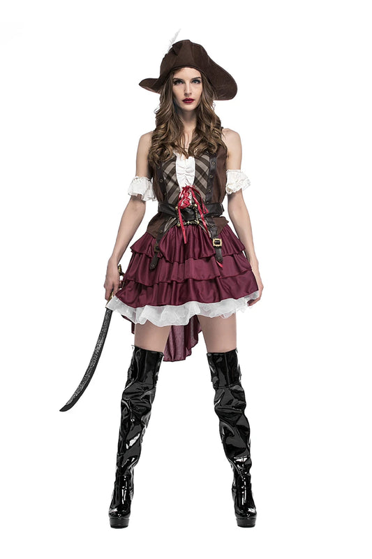 Stylish women's pirate captain costume with ruffled skirt and pirate hat, perfect for Halloween parties