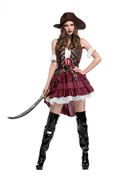 Women's pirate captain costume with a stylish dress, high boots, and sword accessory for Halloween adventures