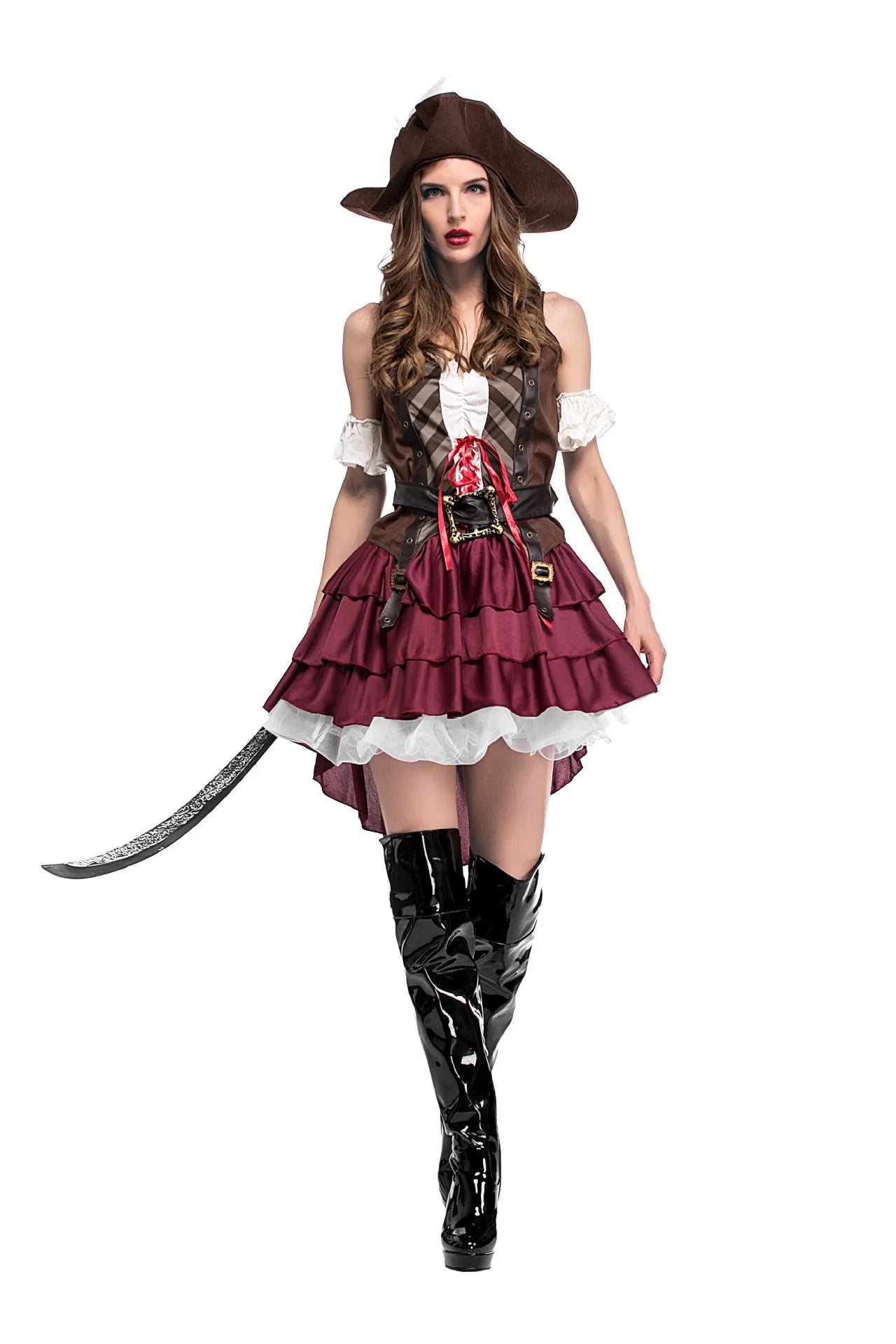 Women's pirate captain costume featuring a ruffled skirt, corset top, and pirate hat