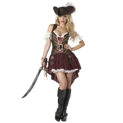 Women's pirate captain costume with lace-up bodice, layered skirt and pirate hat for themed parties