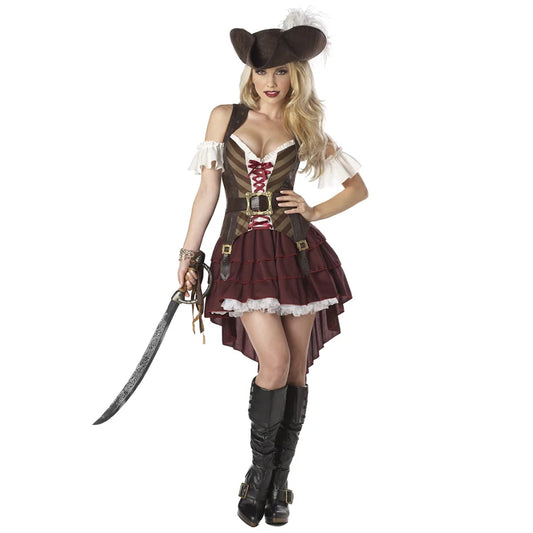 Women's pirate captain costume with lace-up bodice, layered skirt and pirate hat for themed parties