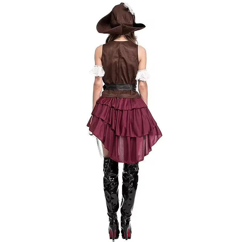Back view of women's pirate costume for adults featuring a layered skirt and vintage hat