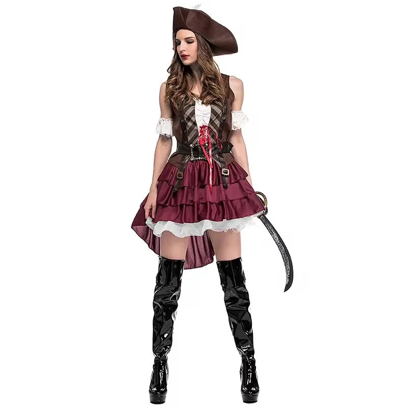 Women’s pirate costume for adults featuring a ruffled burgundy dress and stylish accessories