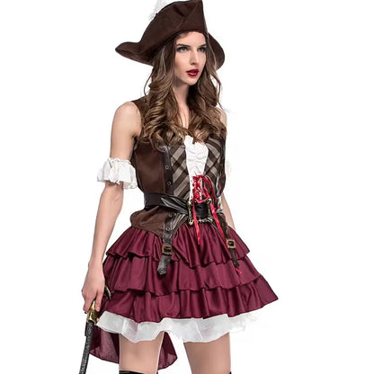 LuckeLadybug LLC women's pirate costume for adults featuring a ruffled skirt and pirate hat