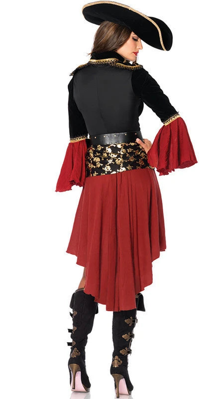 Elegant women's pirate costume Halloween featuring a red skirt, black bodice, and dramatic sleeves