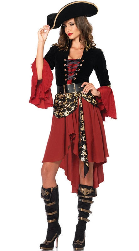 Women's pirate costume Halloween featuring a black and red dress with a pirate hat and stylish boots