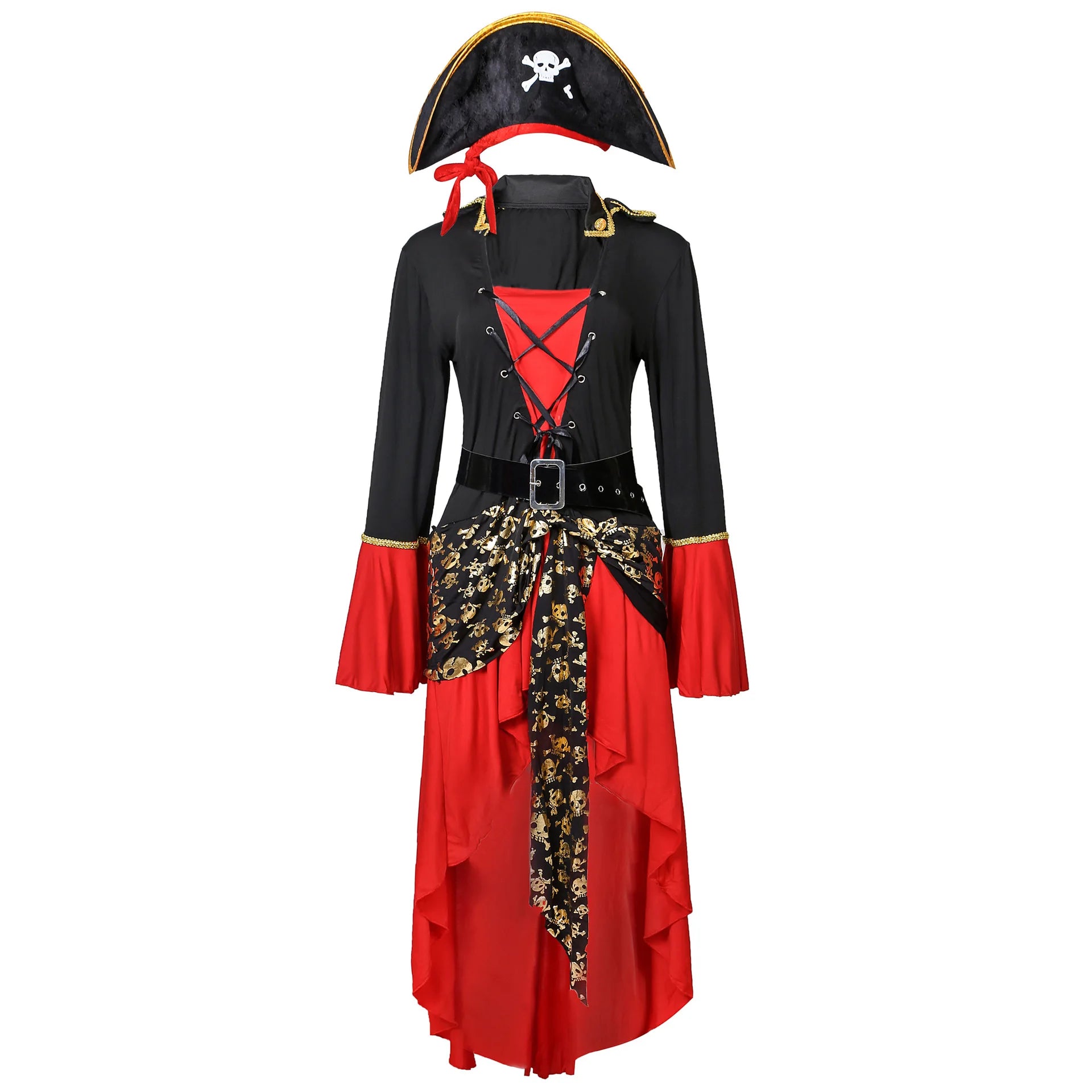 Women's pirate costume Halloween with black and red dress, matching scarf, and a pirate hat
