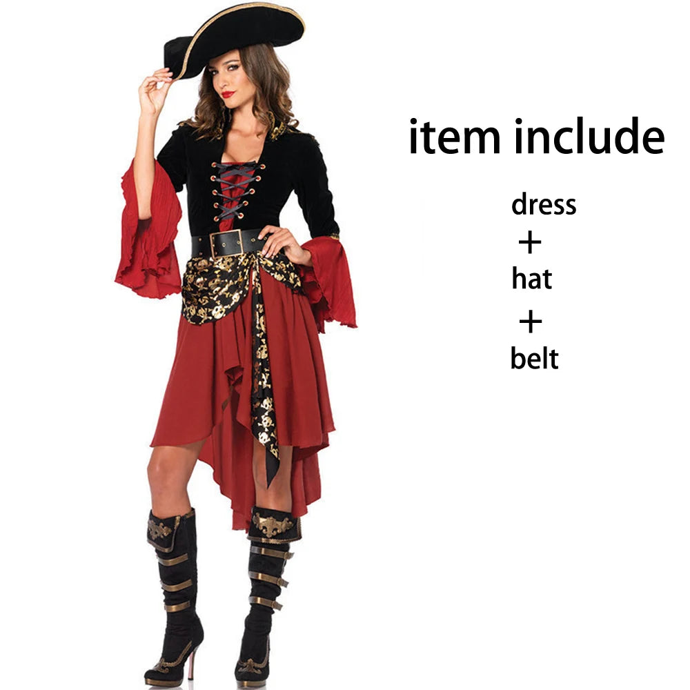 Women's pirate costume Halloween featuring a dress, hat, and belt for festive celebrations
