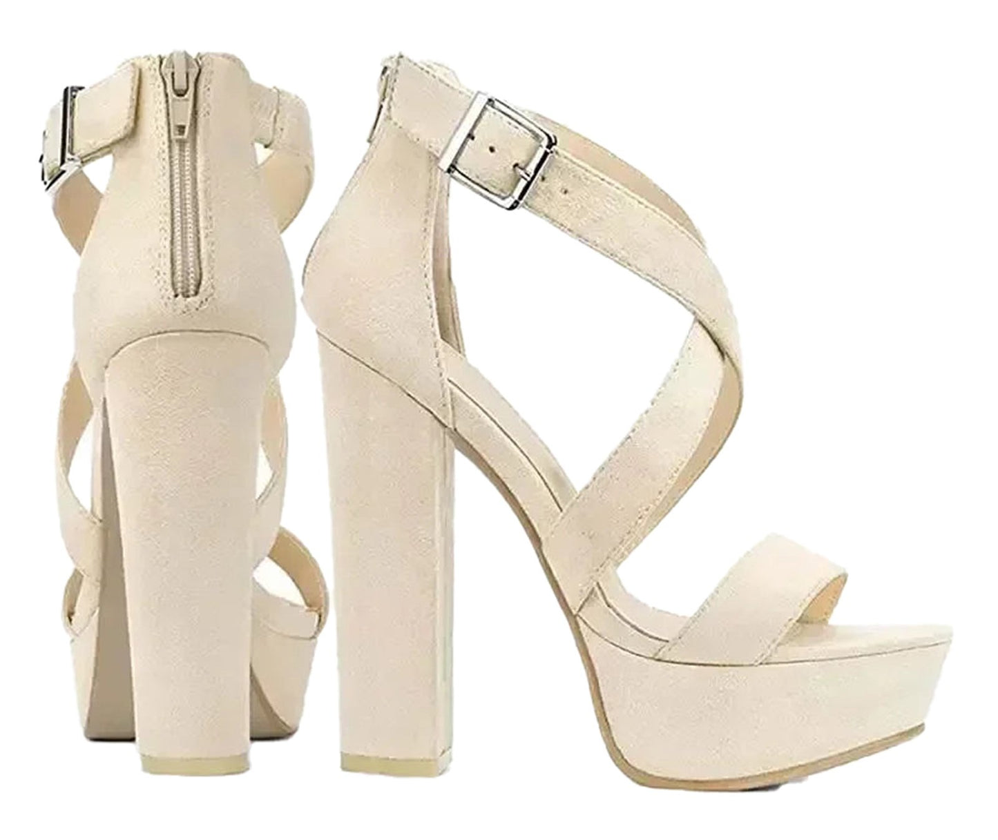 LuckeLadybug LLC women's platform high heel sandals in beige with cross strap design and zip closure