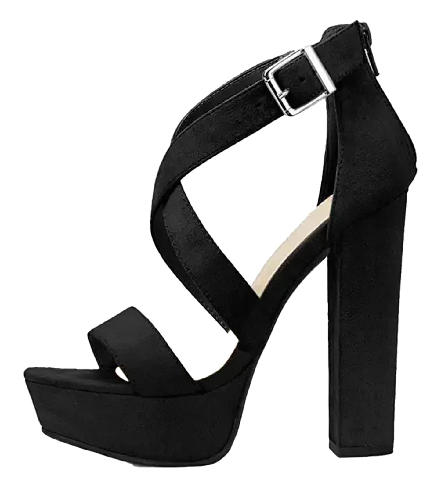 LuckeLadybug women's platform high heel sandals in black with a stylish cross-strap design