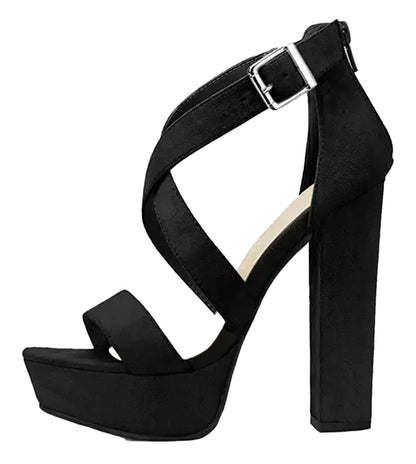 LuckeLadybug women's platform high heel sandals in black with a stylish cross-strap design