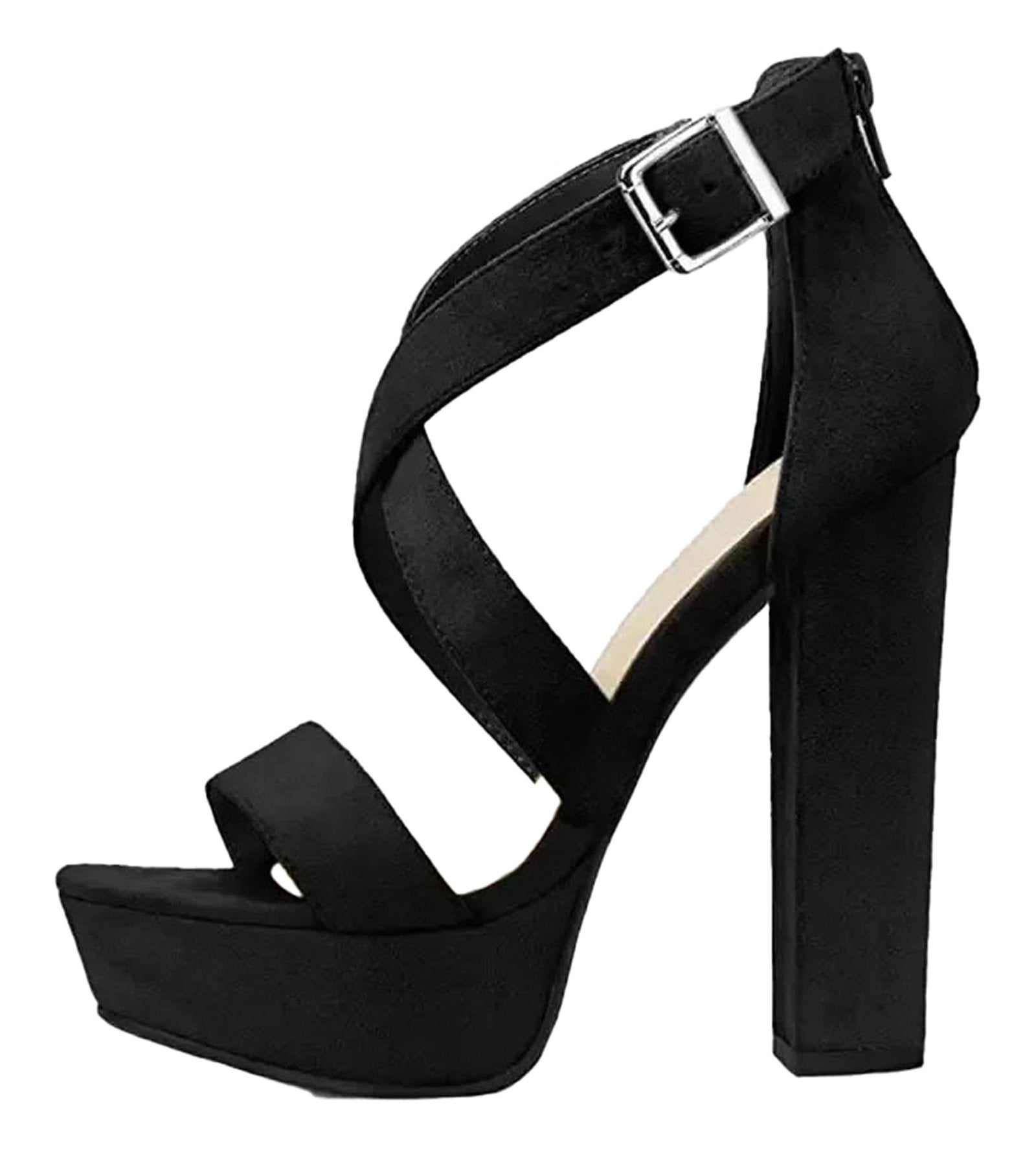 LuckeLadybug women's platform high heel sandals in black with trendy cross-strap design