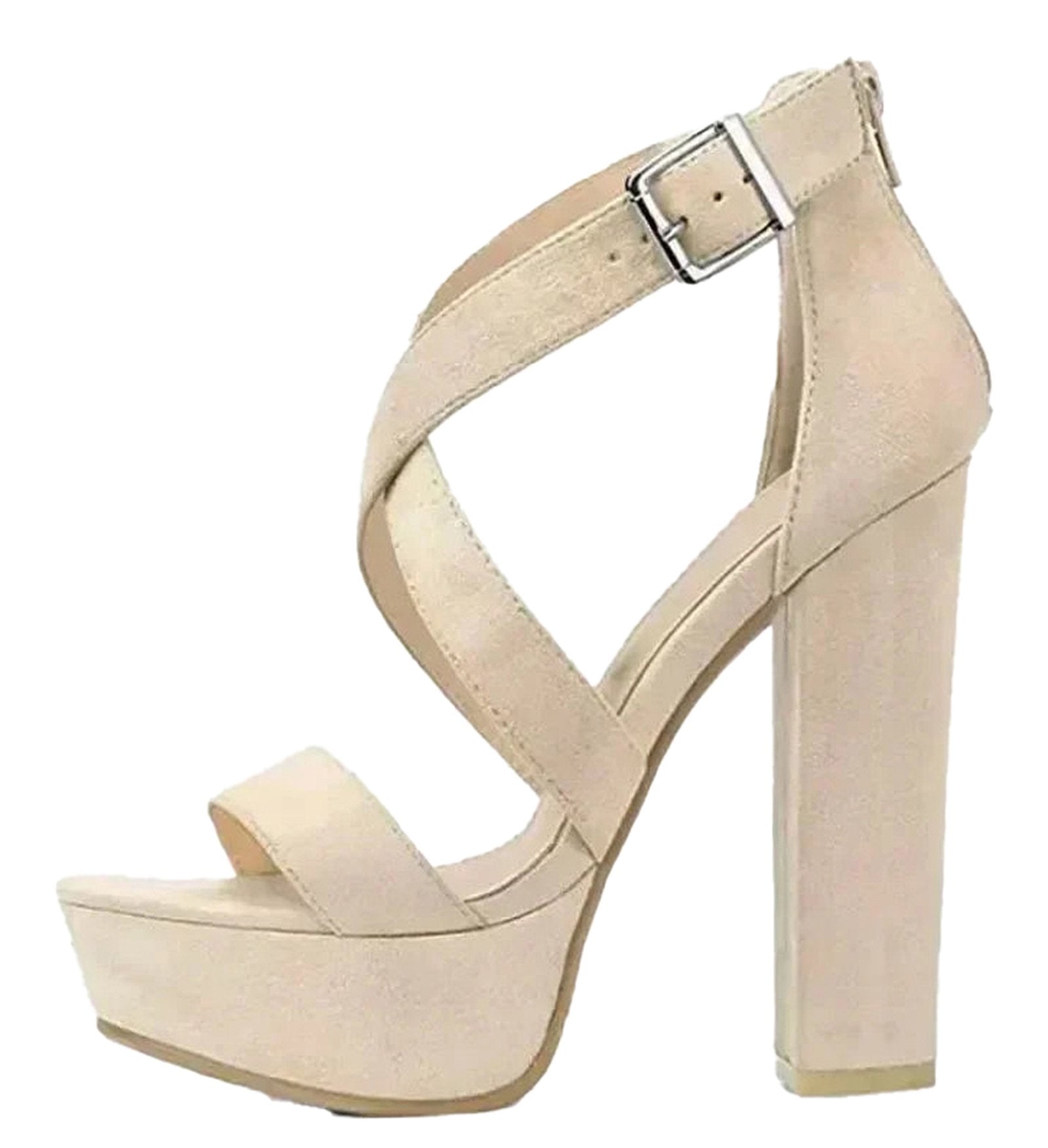LuckeLadybug women's platform high heel sandals in nude with crisscross strap design