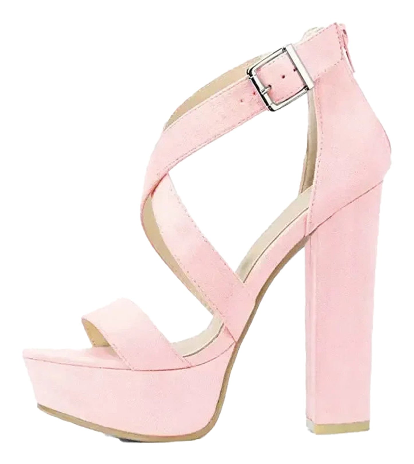 LuckeLadybug women's platform high heel sandals in soft pink with a stylish crisscross design