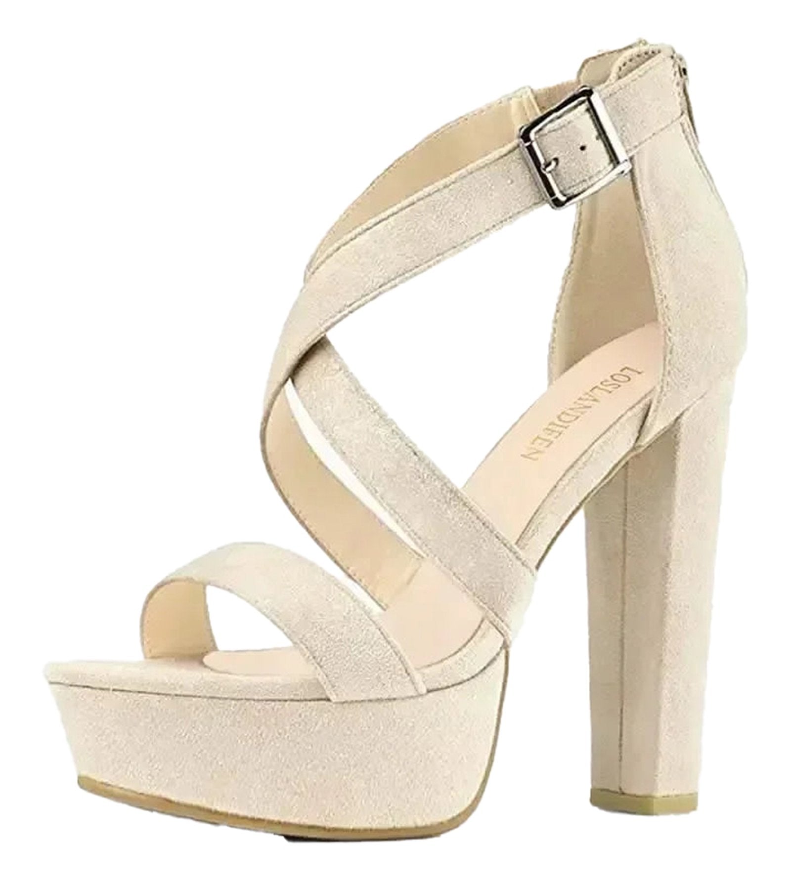 LuckeLadybug women's platform high heel sandals in beige with crisscross straps and buckle detail