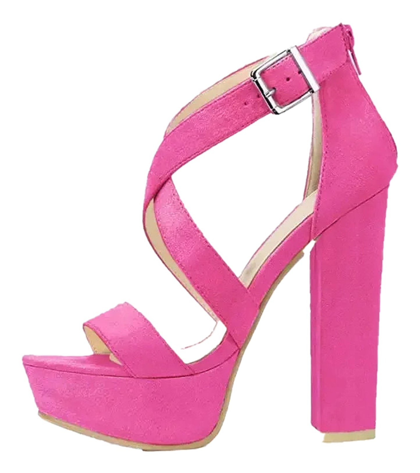 LuckeLadybug women's platform high heel sandals in bright pink with stylish cross straps