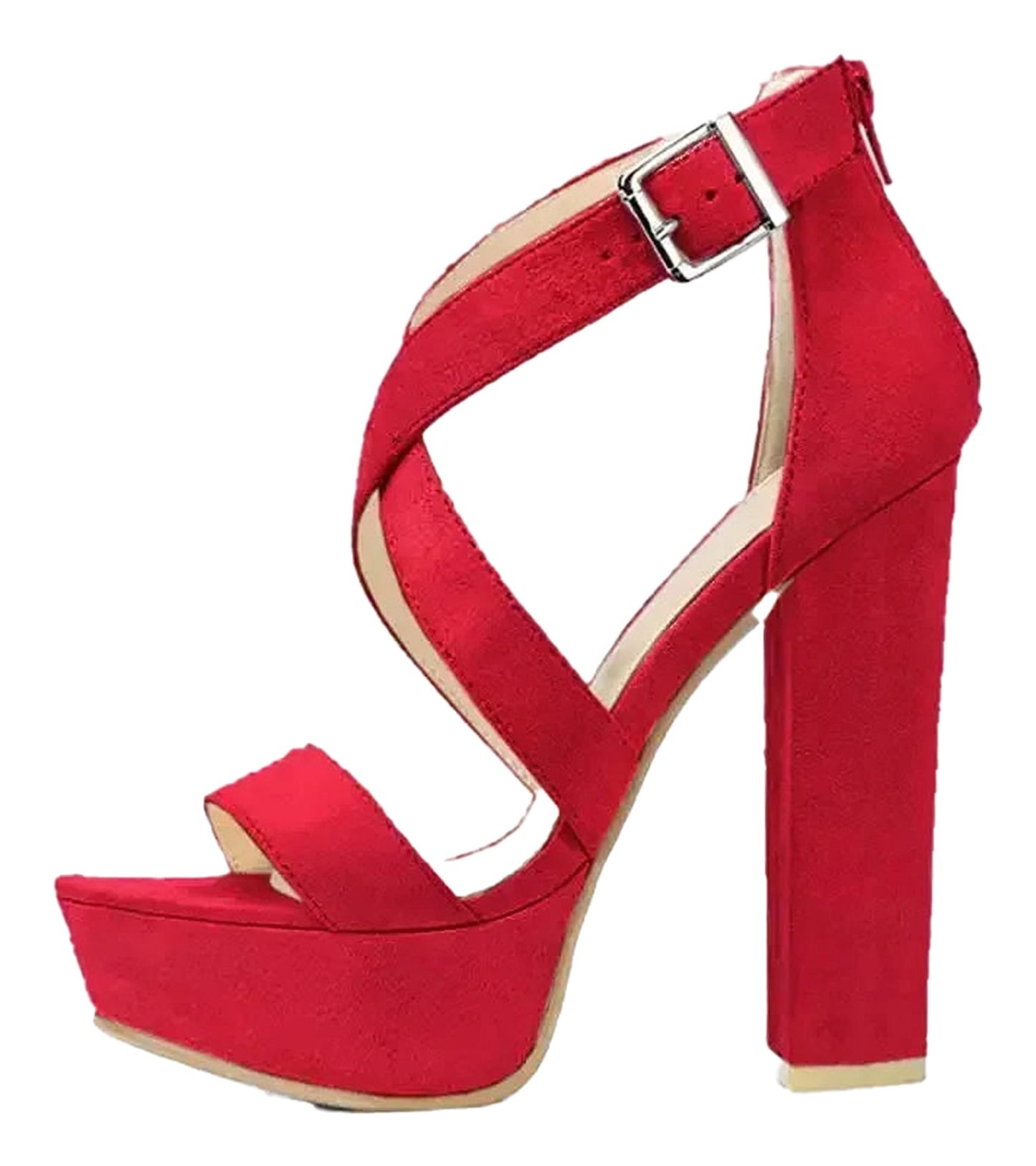LuckeLadybug women's platform high heel sandals in red with stylish cross-strap design and chunky heel