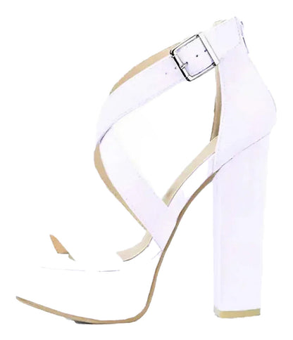 LuckeLadybug women's platform high heel sandals in white with stylish crisscross straps
