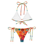 women's polka dot bikini set with colorful tie straps and white triangle top