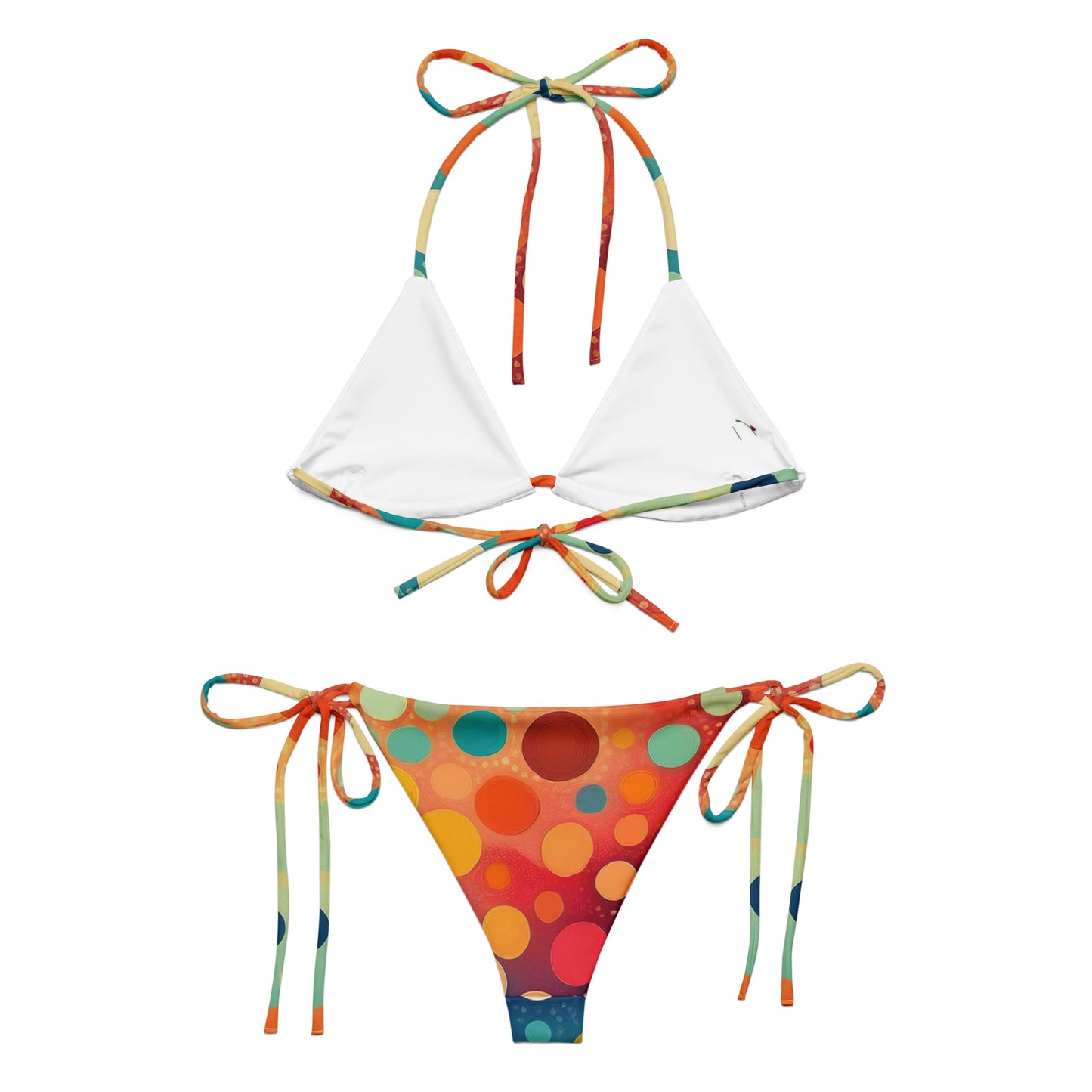 women's polka dot bikini set with colorful tie straps and white triangle top