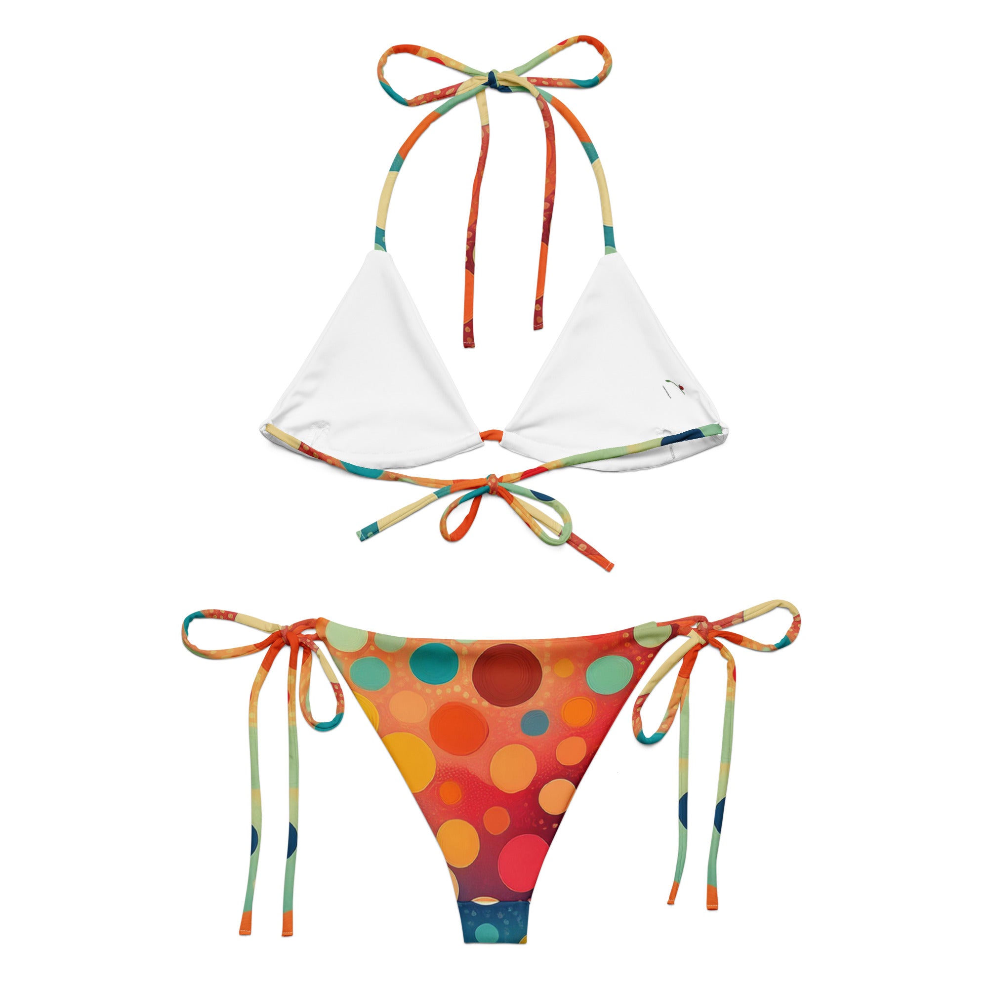 women's polka dot bikini set with colorful tie straps and white triangle top