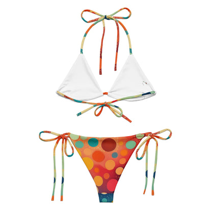 women's polka dot bikini set with colorful tie straps and white triangle top
