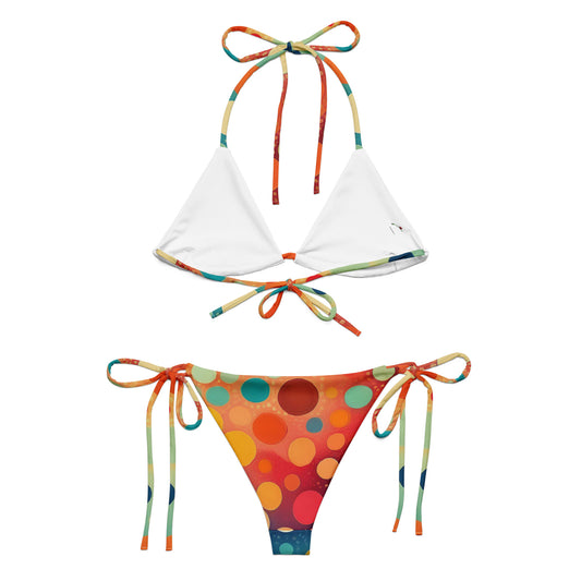 women's polka dot bikini set with colorful tie straps and white triangle top