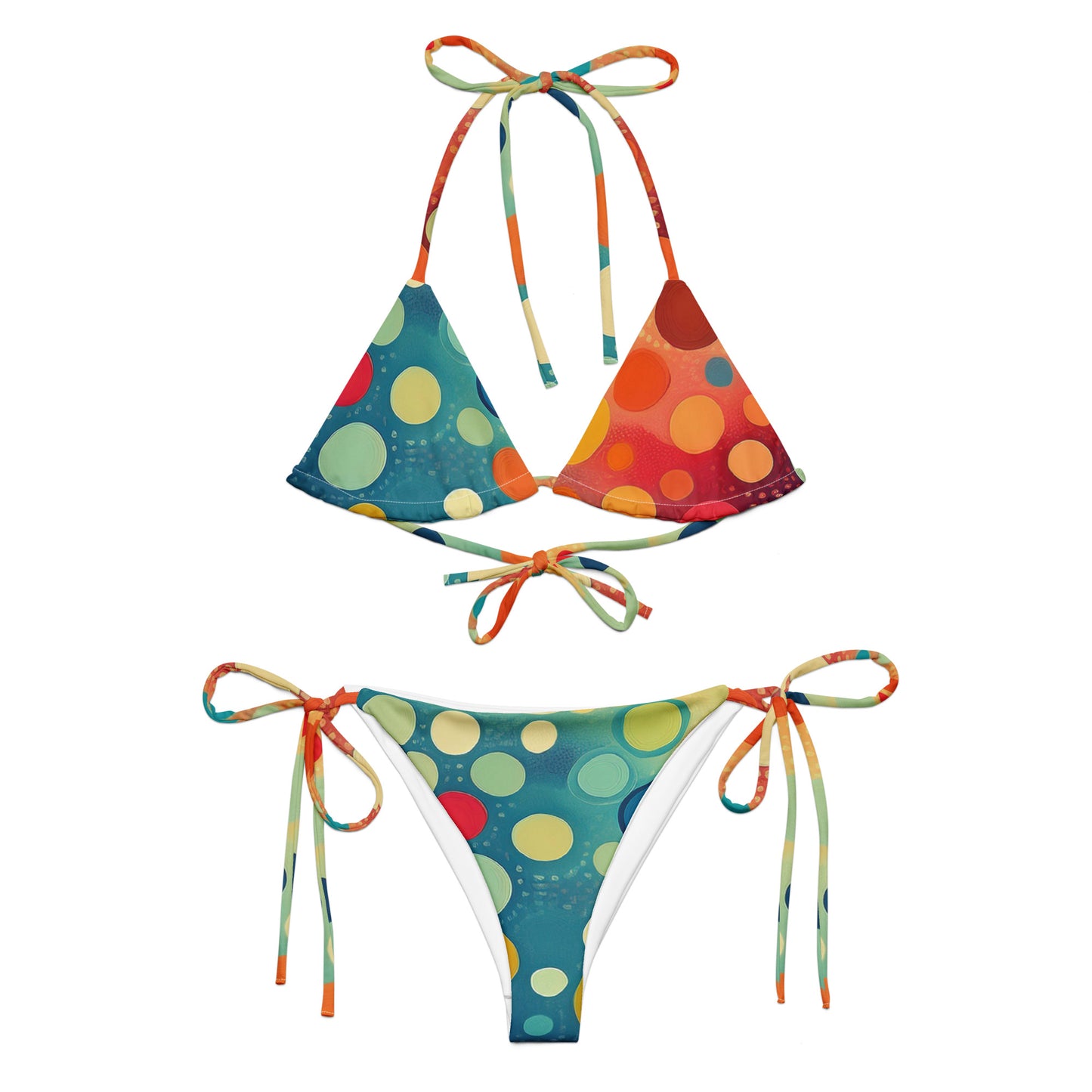 women's polka dot bikini set with multicolor large dots and adjustable string ties