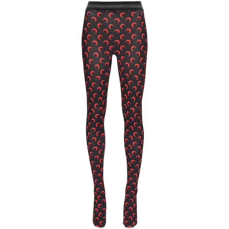 LuckeLadybug LLC women’s printed elastic jumpsuit with a bold red crescent pattern on a black background