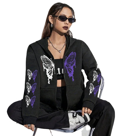 Women's printed hoodie zip up featuring butterfly graphic designs in black and purple