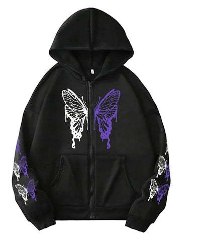 LuckeLadybug women's printed hoodie zip up with butterfly design and front pockets