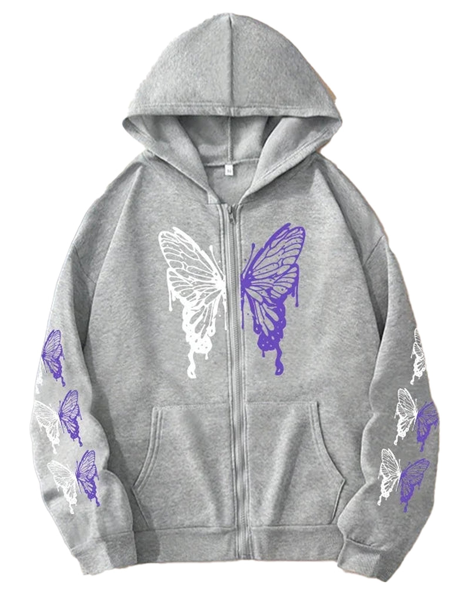 LuckeLadybug women's printed hoodie zip up in gray with butterfly design on sleeves