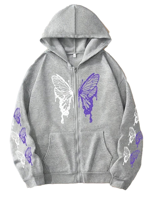 LuckeLadybug women's printed hoodie zip up in gray with butterfly design on sleeves