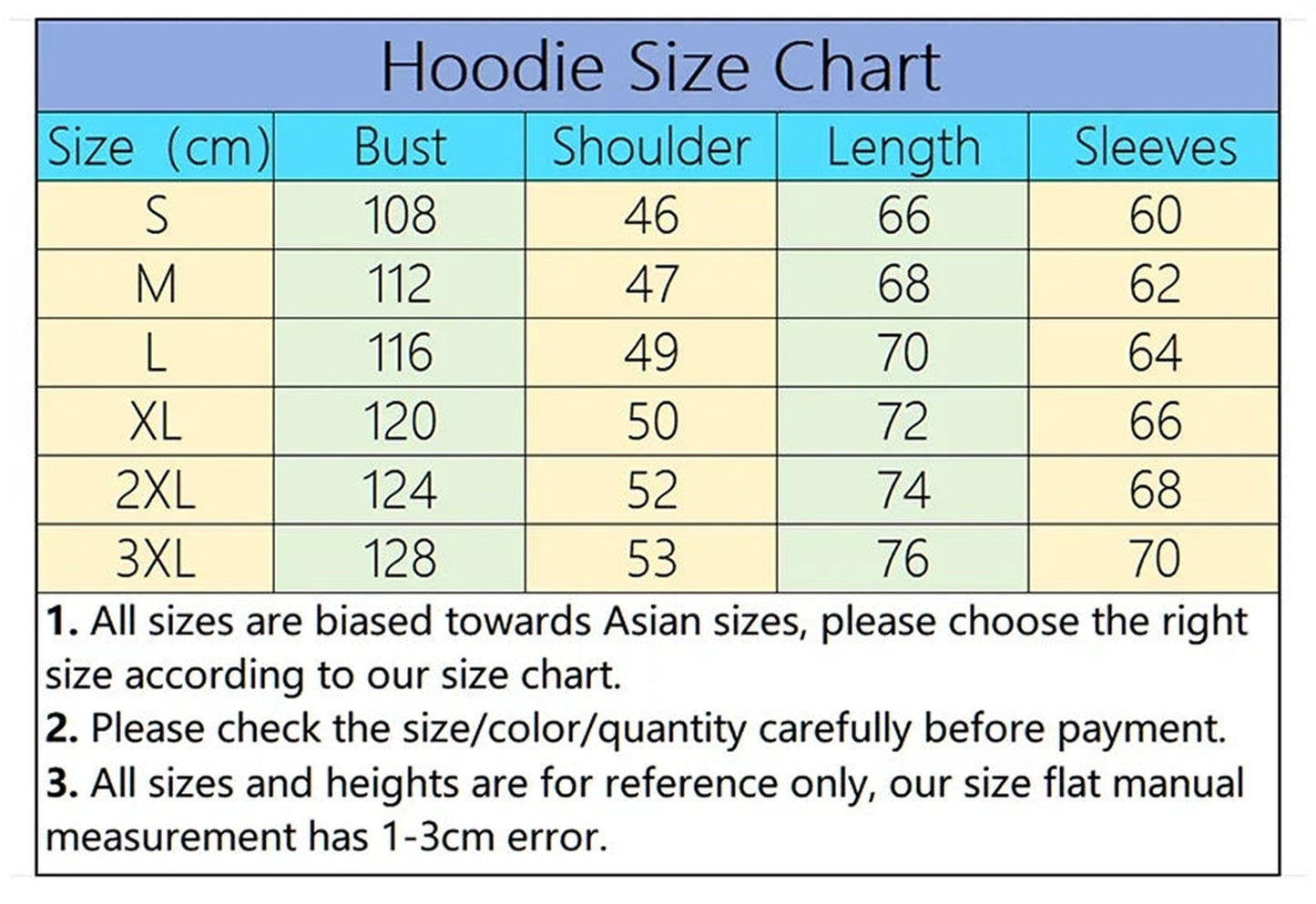 Hoodie size chart for women's printed hoodie zip up with accurate measurements in centimeters