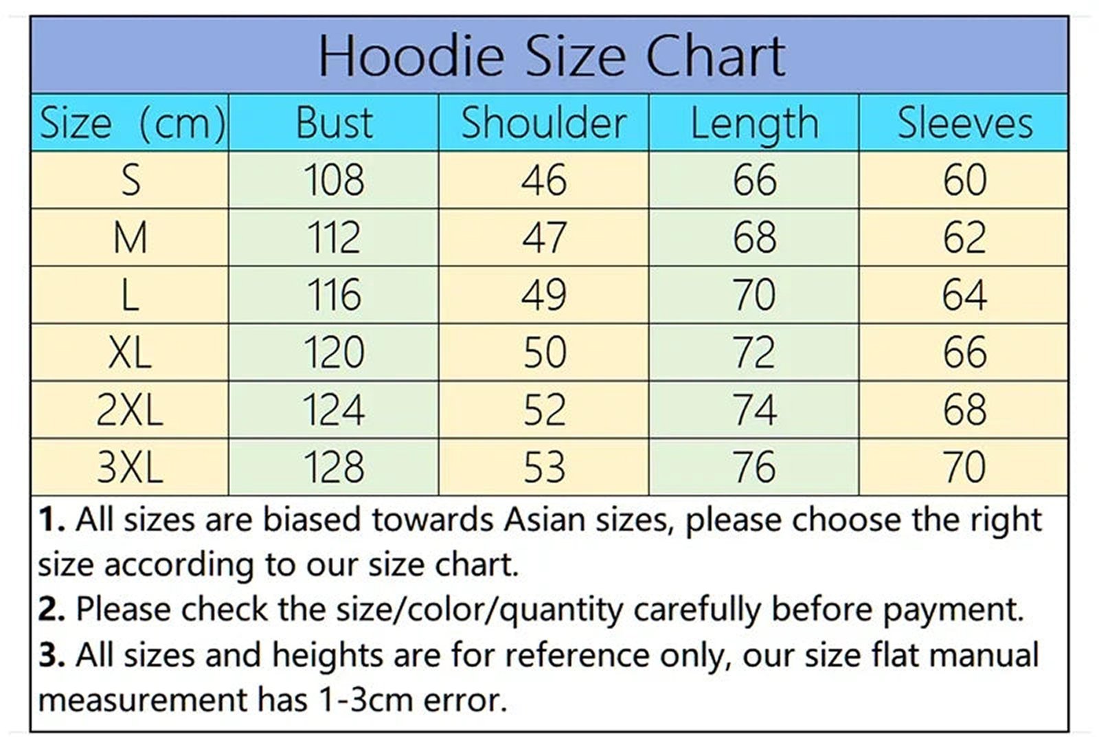 Hoodie size chart for women's printed hoodie zip up with accurate measurements in centimeters