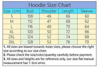 Hoodie size chart for women's printed hoodie zip up with accurate measurements in centimeters