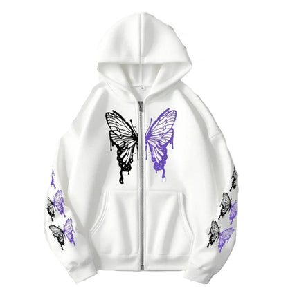 Women's printed hoodie zip up in white with butterfly design and stylish black details