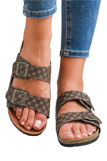 LuckeLadybug LLC womens PU leather slide sandals with double buckle straps and patterned design