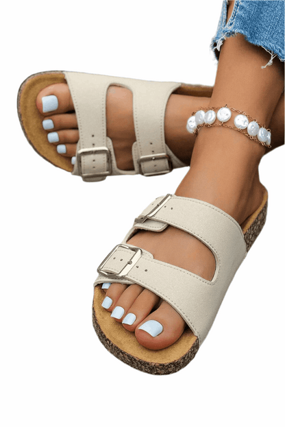 LuckeLadybug LLC womens PU leather slide sandals in beige with adjustable buckle straps