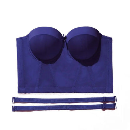 LuckeLadybug women's push up corset top in deep blue with removable straps for flattering support