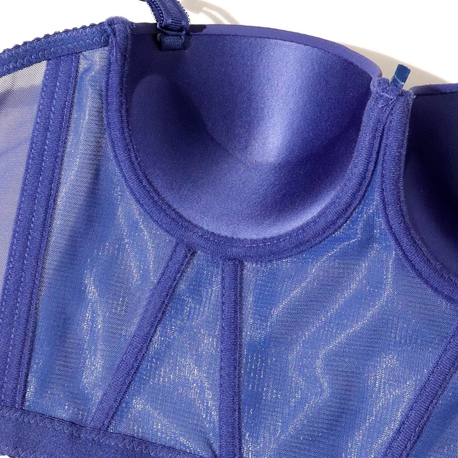 Women's push up corset top in deep blue with mesh detailing for a flattering fit