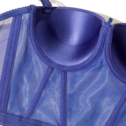 Women's push up corset top in deep blue with mesh detailing for a flattering fit